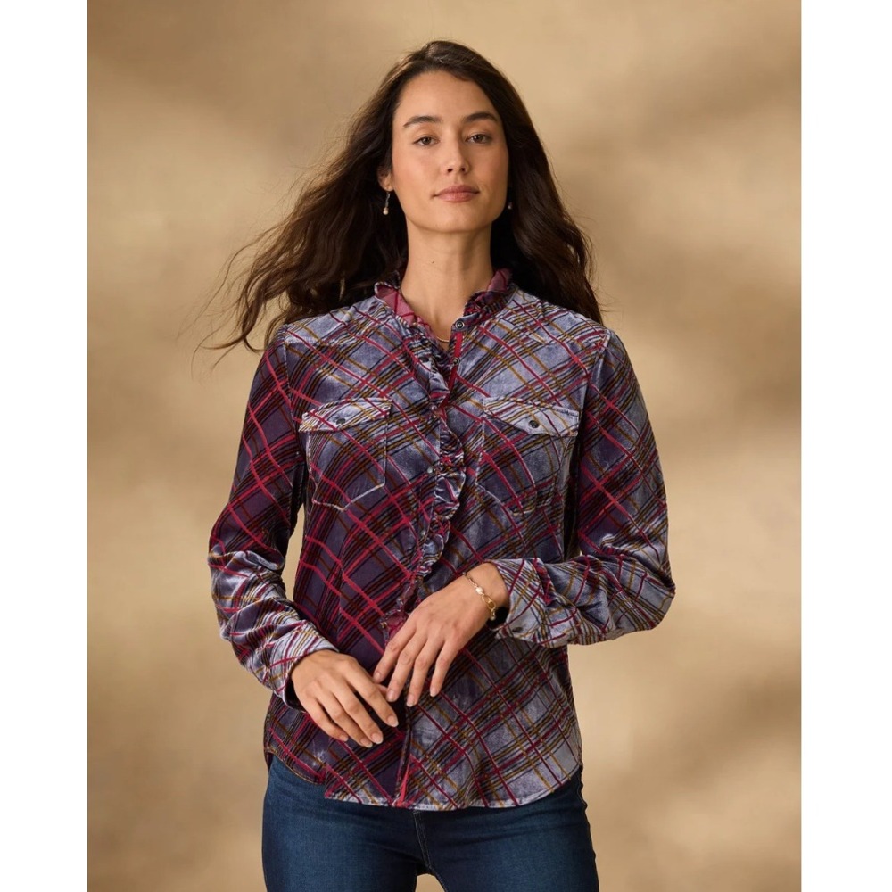 Sundance Gretel Silk Viscose Burnout Velvet Plaid Ruffle Pearl Snap Shirt‎ S
